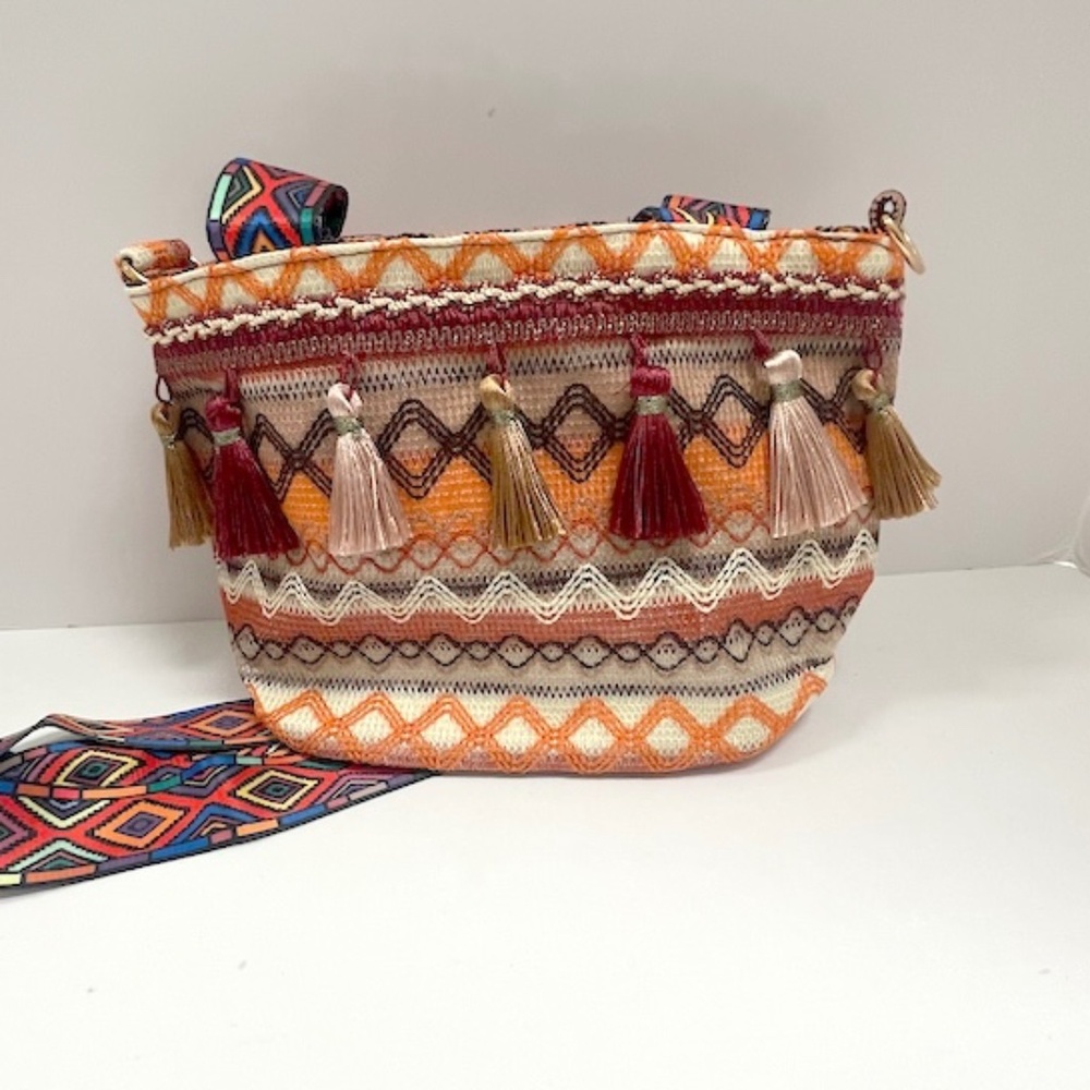 Oranges and Browns Embroidered Tassel Boho Tote Bag Dual Straps Small